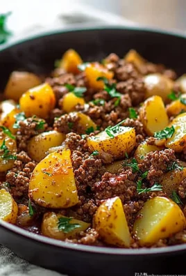 A delicious one-pan meal featuring ground beef and potatoes cooked to perfection.