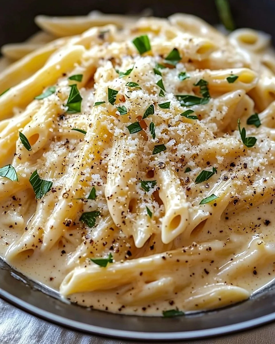 Delicious one pot creamy garlic pasta in a bowl, garnished with parsley.