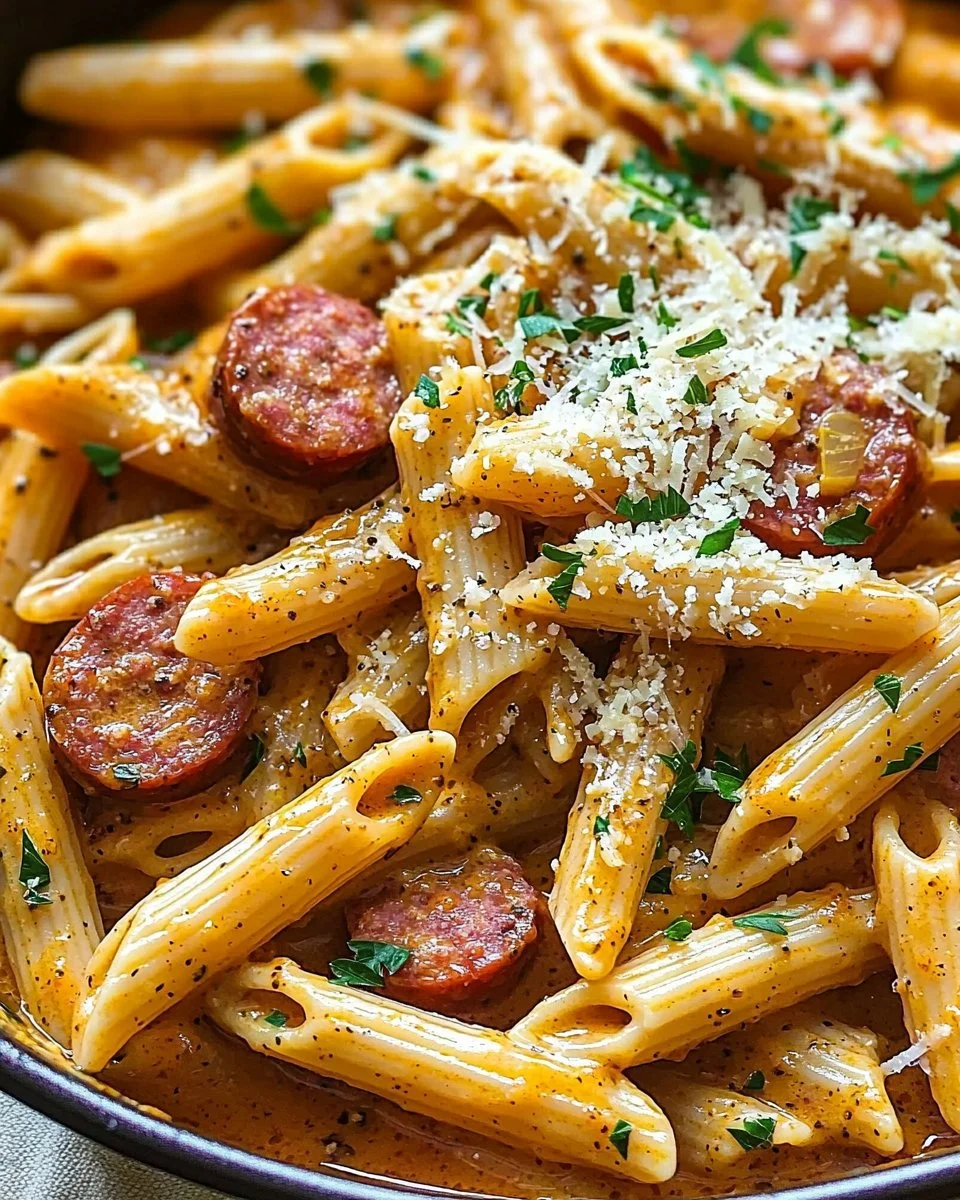 One-Pot Creamy Spicy Cajun Sausage Pasta dish in a skillet