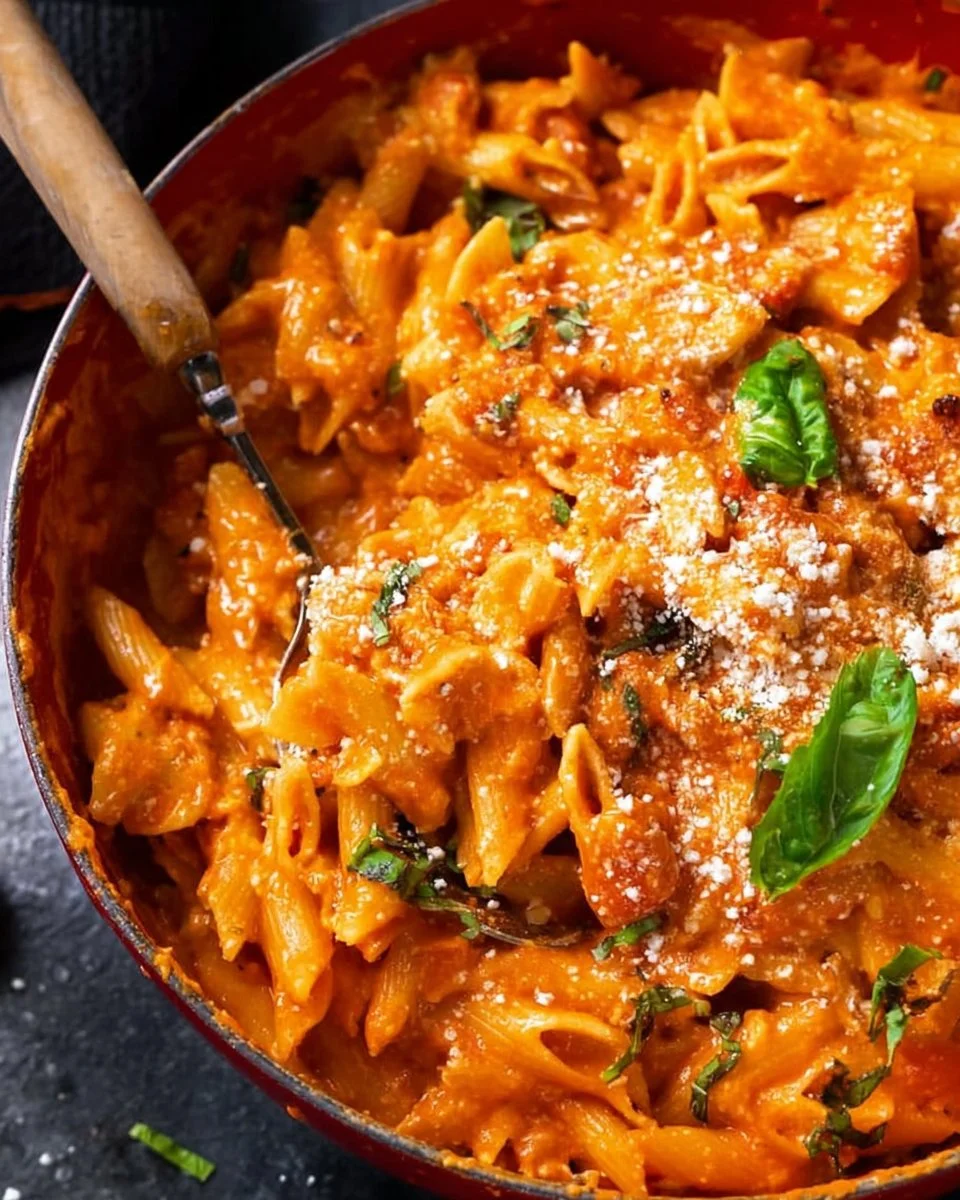 Delicious one pot creamy tomato pasta topped with fresh basil and cheese