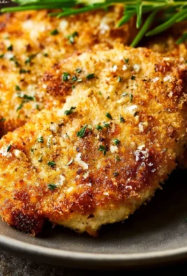 Delicious Parmesan crusted chicken served with herbs and lemon slices.