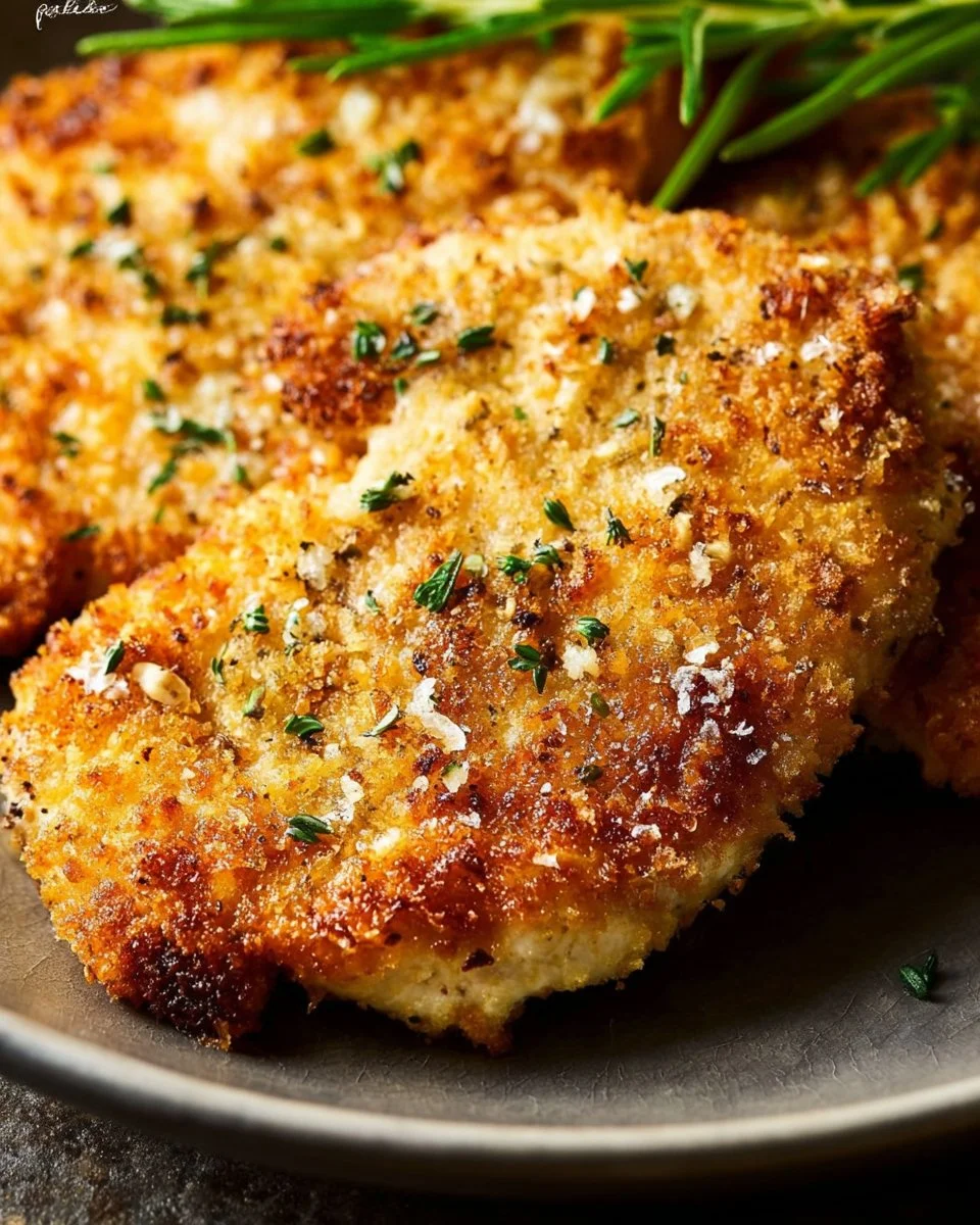 Delicious Parmesan crusted chicken served with herbs and lemon slices.