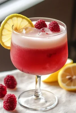 Delicious Raspberry Gin Sour cocktail served in a glass garnished with raspberries.