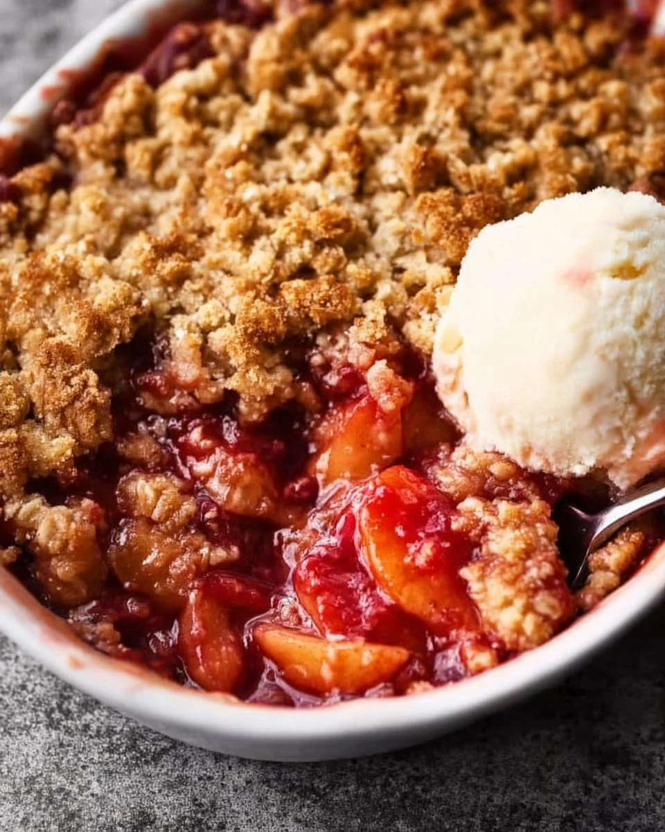 Delicious homemade rhubarb crisp with a golden brown oat topping