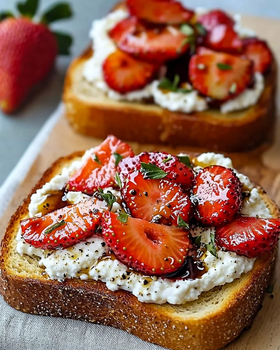 Roasted strawberry whipped ricotta toast topped with fresh strawberries and mint