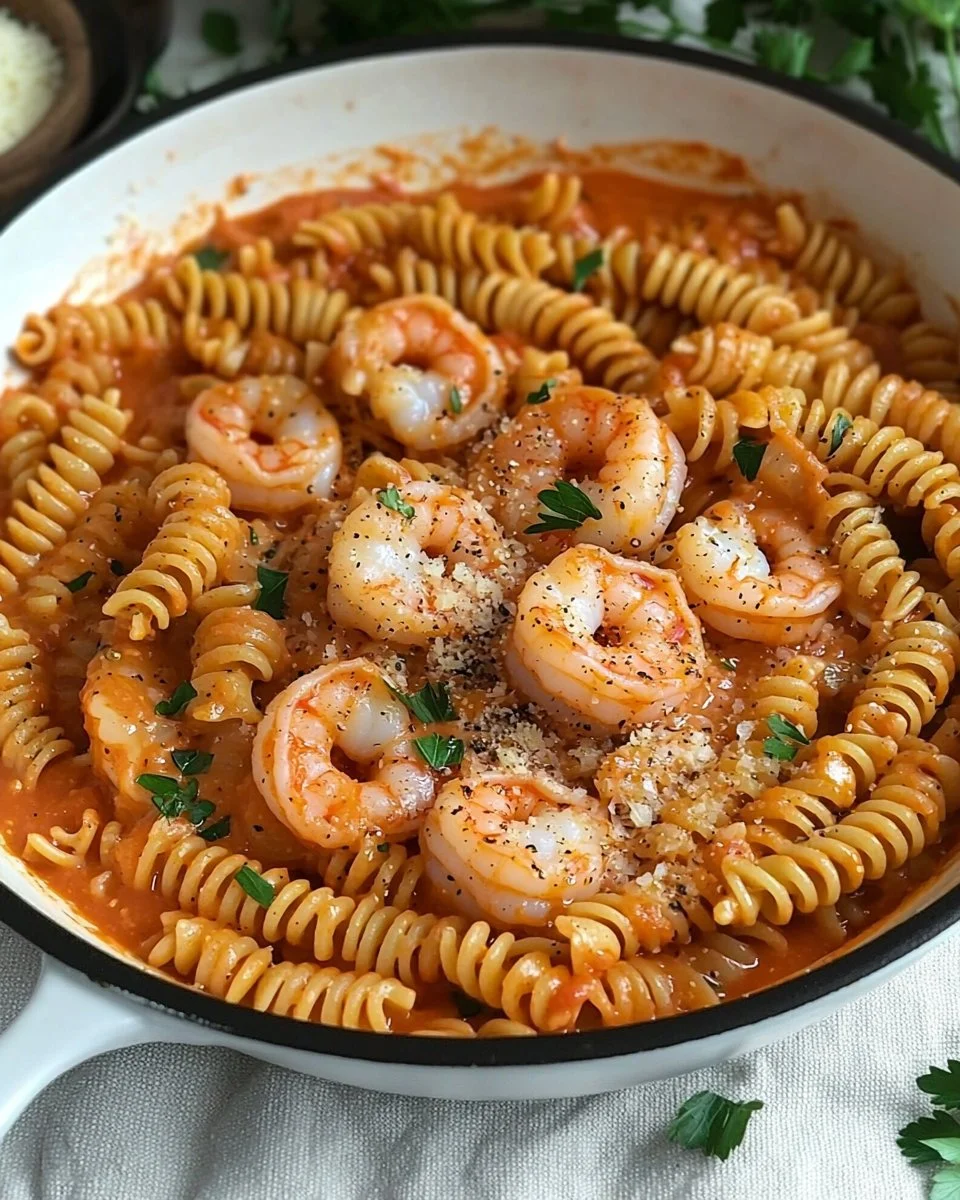 Delicious Rose Shrimp Pasta topped with Italian pink sauce.