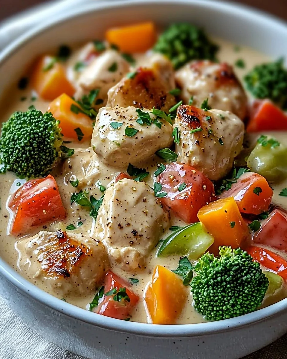 Slow cooker creamy garlic chicken served with fresh vegetables