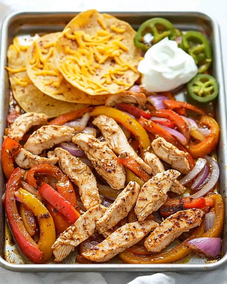 Sheet pan chicken fajitas with colorful peppers and onions ready to serve.