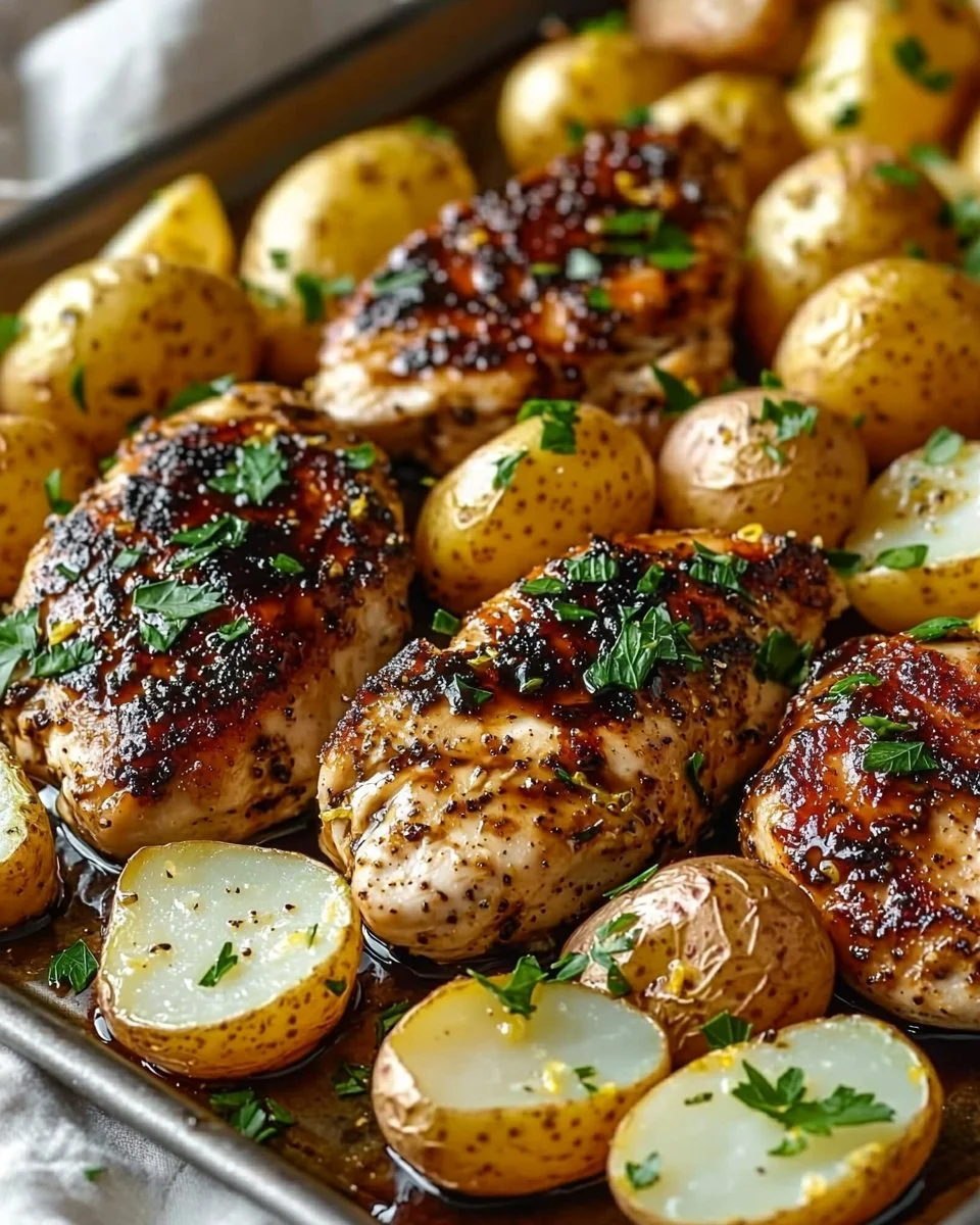 Sheet pan lemon balsamic chicken with potatoes ready to serve