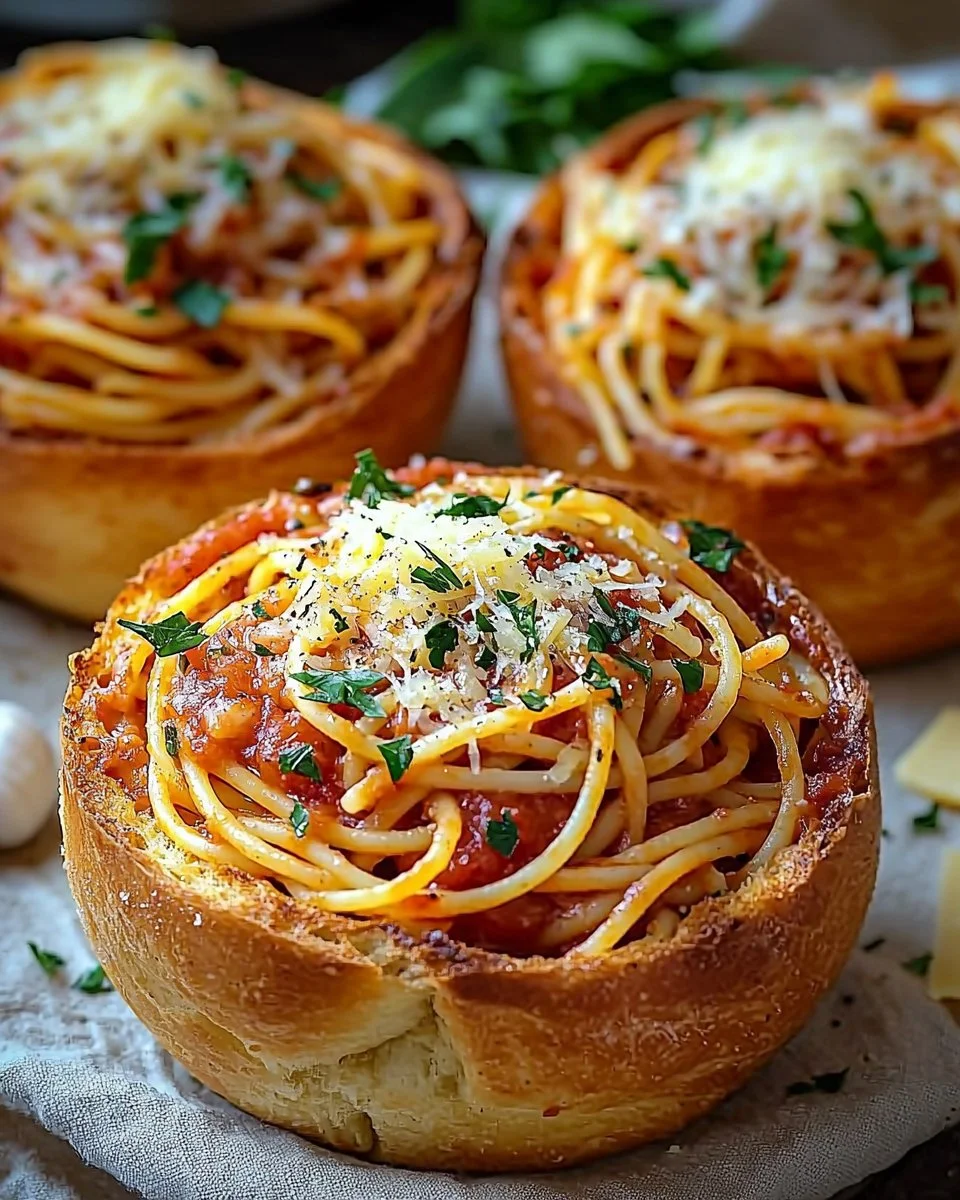 Spaghetti garlic bread bowl filled with savory pasta and garlic bread crust