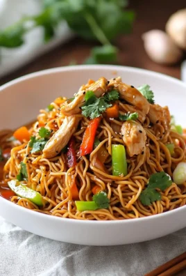 Plate of spicy chicken Hakka noodles garnished with vegetables and spices