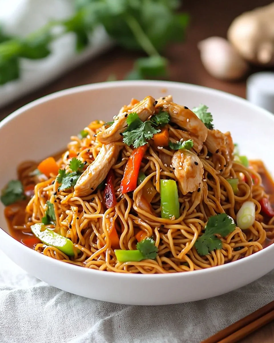 Plate of spicy chicken Hakka noodles garnished with vegetables and spices