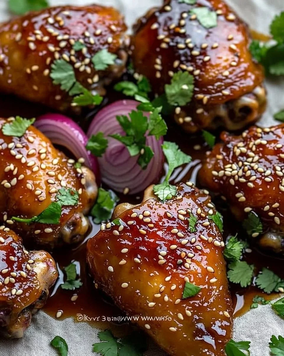 Baked Sticky Honey Soy Chicken garnished with sesame seeds and spring onions