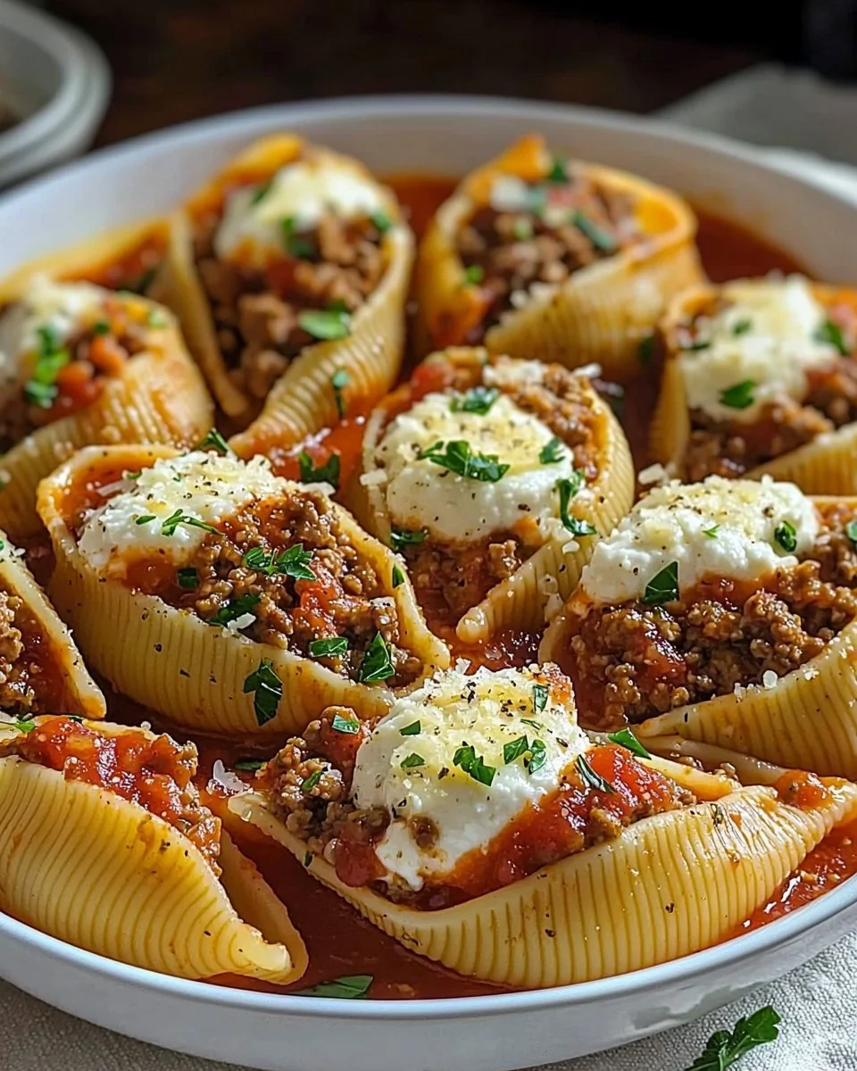 Baked stuffed pasta shells filled with cheese and herbs, garnished with marinara sauce.