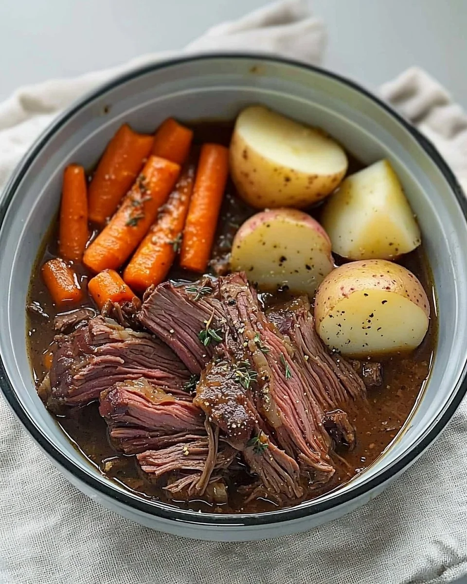 Tender pot roast served with vegetables on a plate