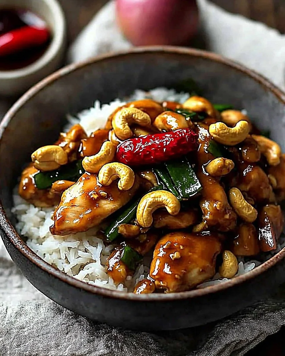 Stir-fried Thai Cashew Chicken with vegetables and peanuts on a plate