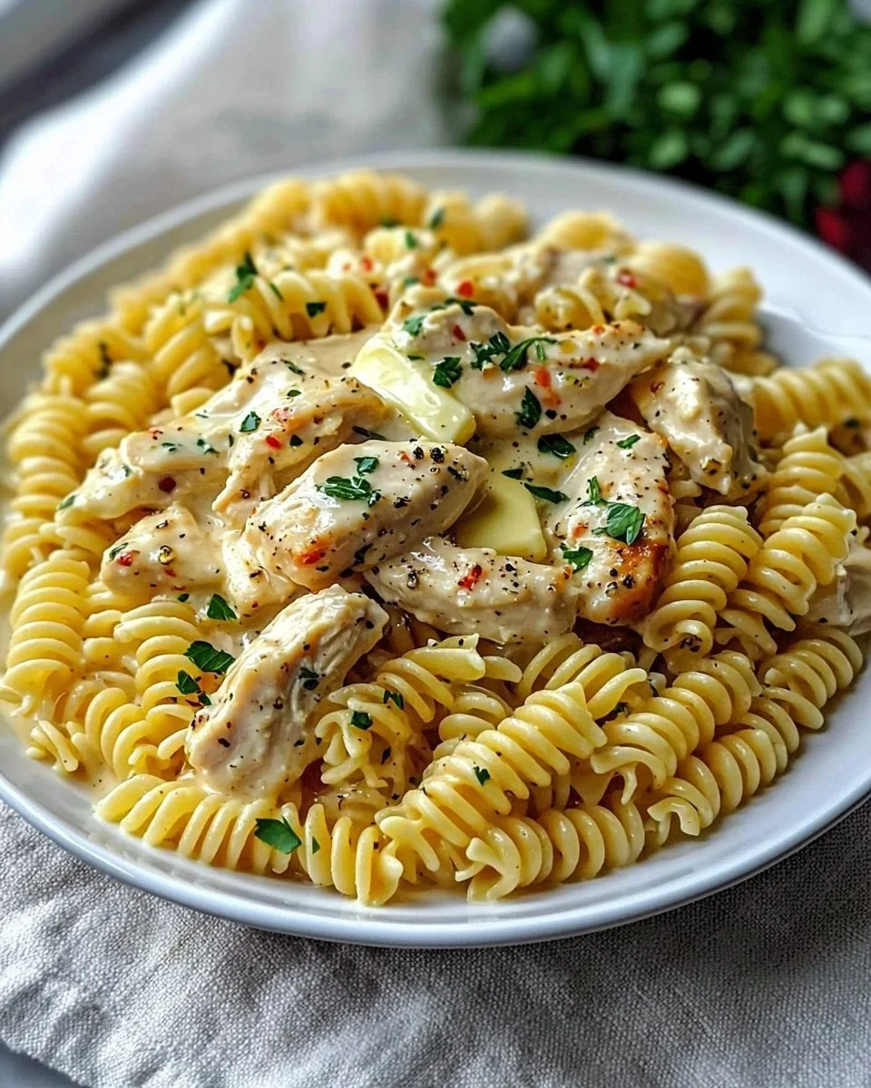 Delicious creamy garlic parmesan chicken pasta served in a bowl