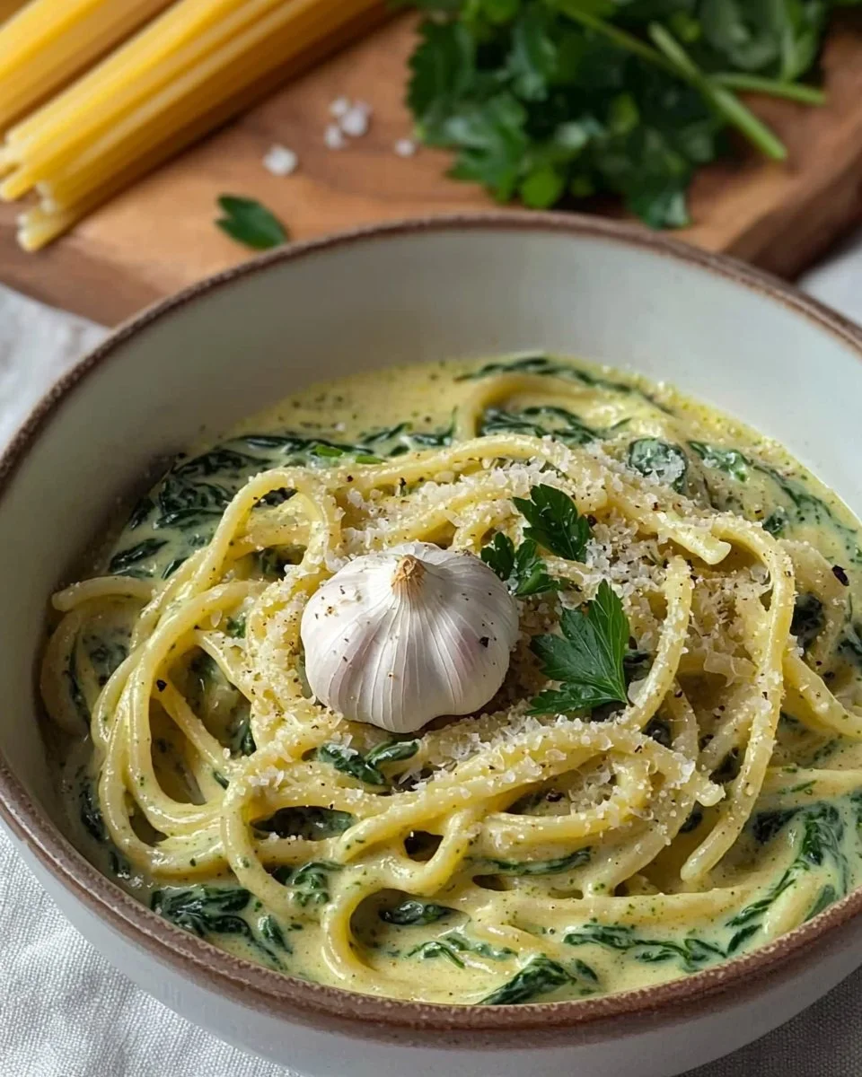 Vegan Creamy Spinach Garlic Pasta with Cashews and Parsley