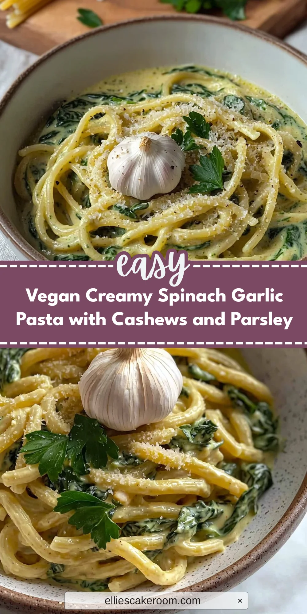Vegan Creamy Spinach Garlic Pasta with Cashews and Parsley