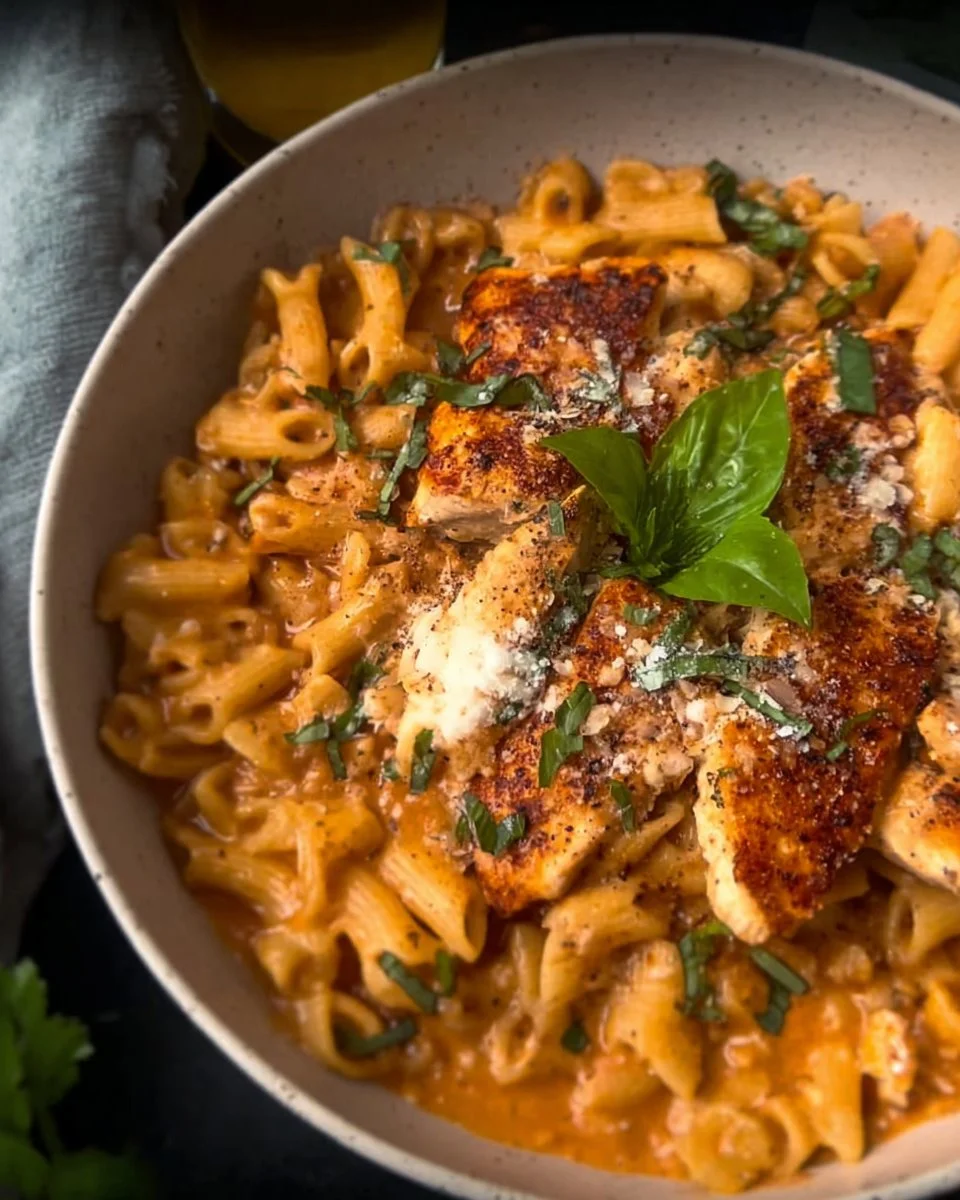 Vegan Marry Me Chicken Pasta served in a bowl with herbs and spices