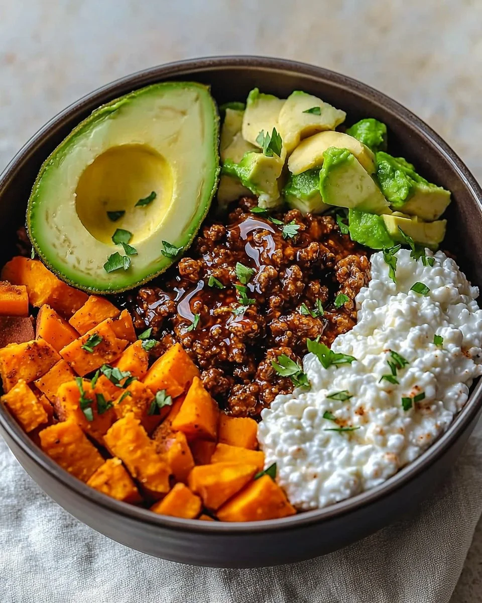 Viral hot honey ground beef bowl with colorful veggies and grains