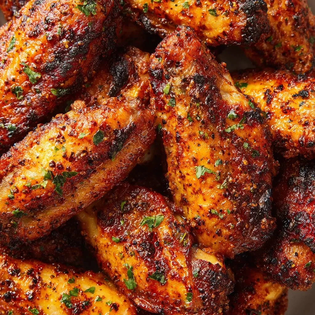 Crispy air fryer chicken wings garnished with fresh herbs on a plate.