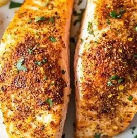 Perfectly cooked Air Fryer Salmon garnished with herbs