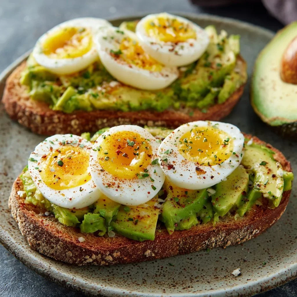 Delicious Avocado Egg Toast topped with herbs and spices on whole grain bread.