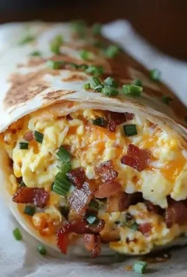 Delicious breakfast burrito filled with eggs, cheese, and fresh toppings