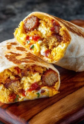 Delicious breakfast burrito wrap with eggs, sausage, cheese, and crispy hash browns