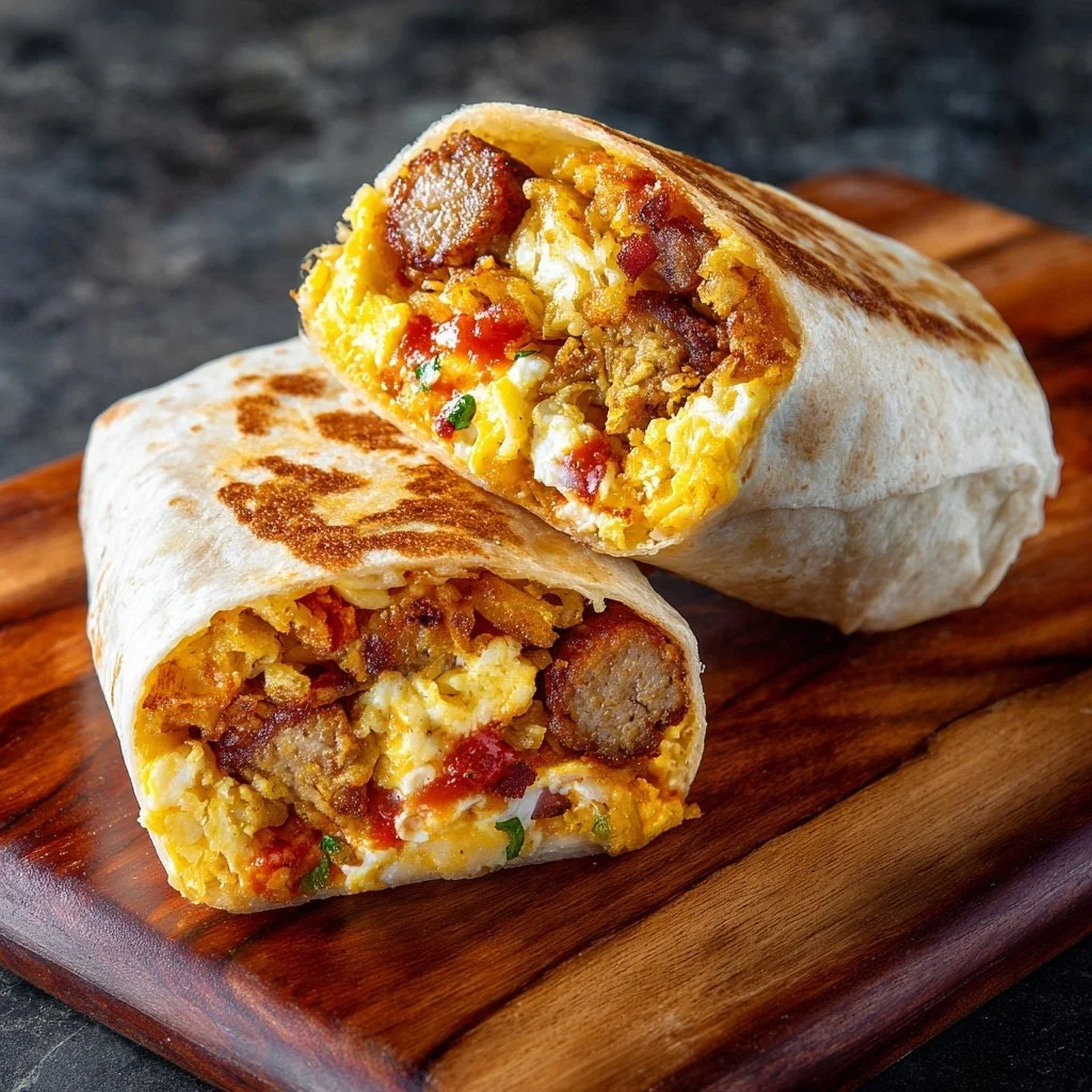 Delicious breakfast burrito wrap with eggs, sausage, cheese, and crispy hash browns