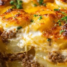 Cheesy Hamburger Potato Casserole dish served with fresh herbs