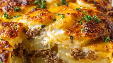Cheesy Hamburger Potato Casserole dish served with fresh herbs