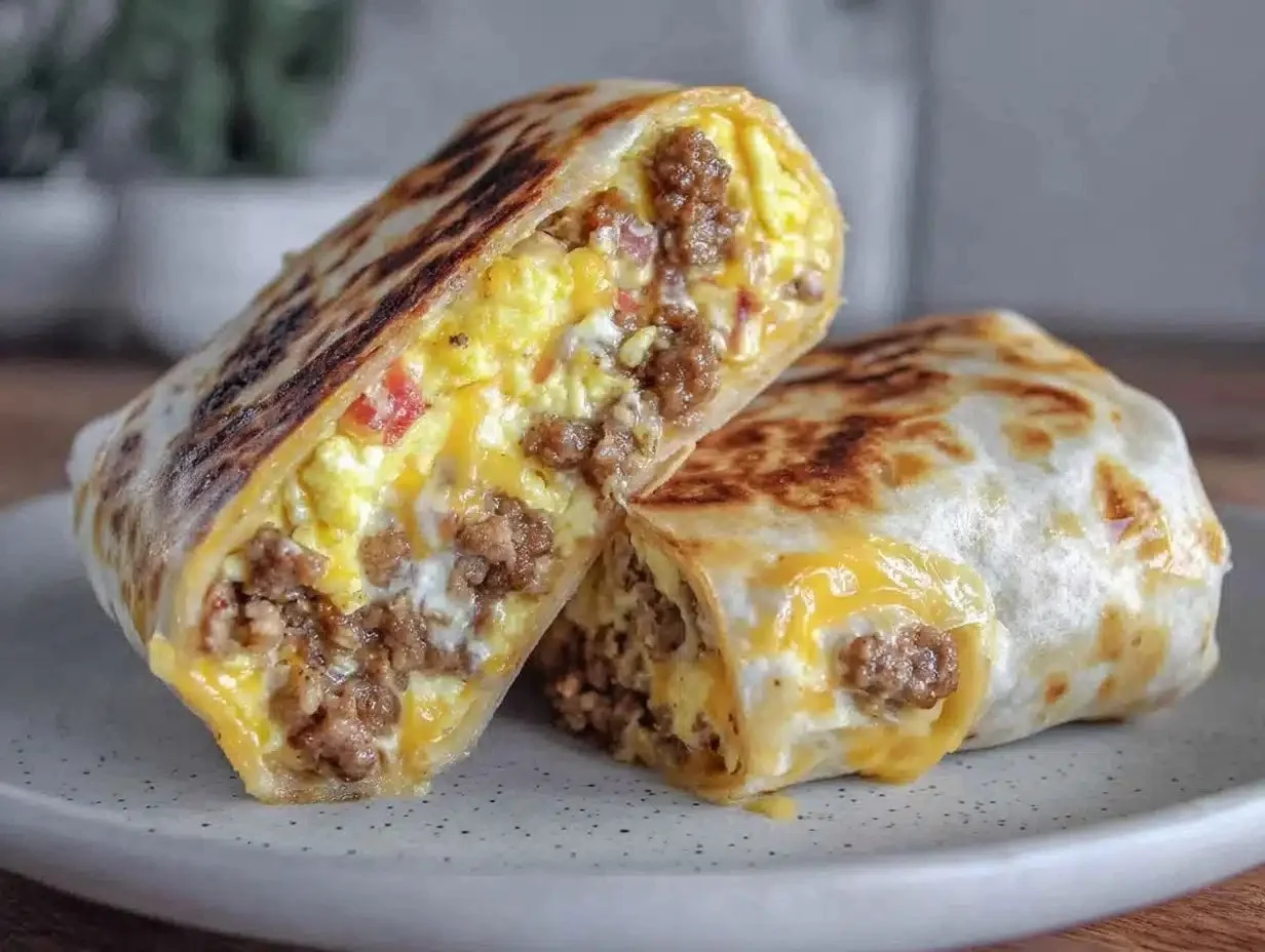 Cozy sausage egg and cheese breakfast burrito on a plate