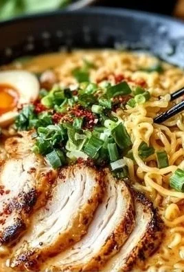 Creamy garlic chicken ramen in a bowl garnished with green onions and herbs