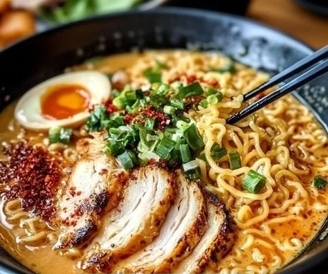 Creamy garlic chicken ramen in a bowl garnished with green onions and herbs