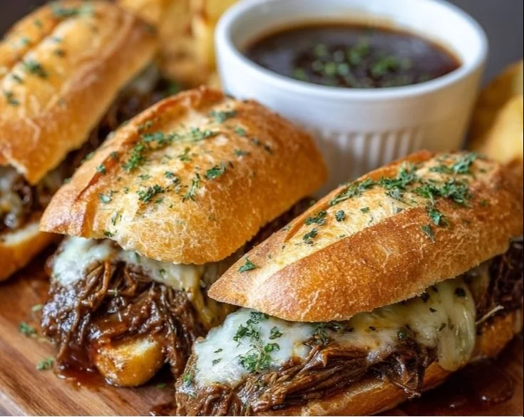 Delicious Crockpot French Dip Sandwiches served with au jus for dipping