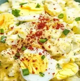 A bowl of deviled egg potato salad garnished with herbs, ideal for summer events.