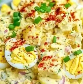 Creamy Deviled Egg Potato Salad in a serving bowl, garnished and ready to enjoy.