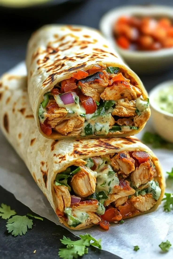 Grilled Chicken Burrito drizzled with Chipotle Ranch Dressing on a plate