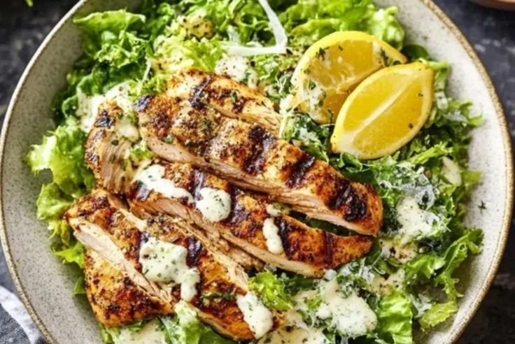 Fresh Grilled Chicken Caesar Salad with romaine, croutons, and Caesar dressing