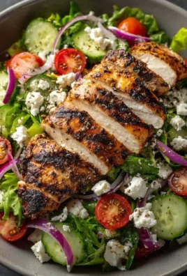 Healthy grilled chicken salad with fresh vegetables and dressing
