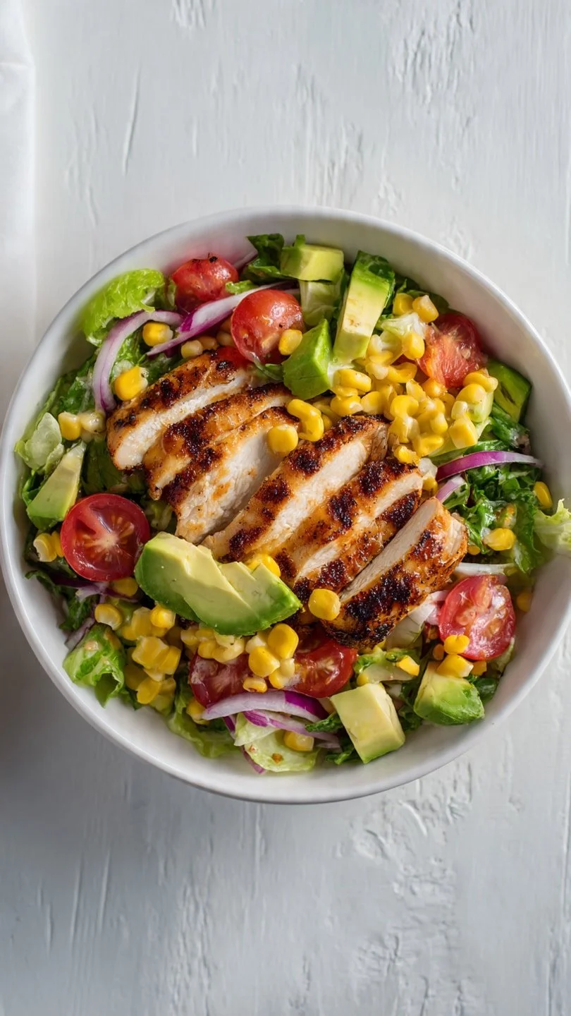 Fresh grilled chicken salad with mixed greens and colorful vegetables