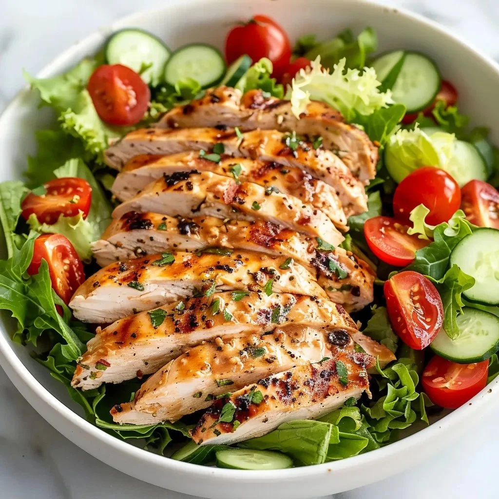 Delicious grilled chicken salad served in a bowl with fresh vegetables and herbs.