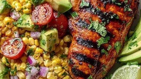 Delicious grilled hot honey chicken served with sweet corn salad