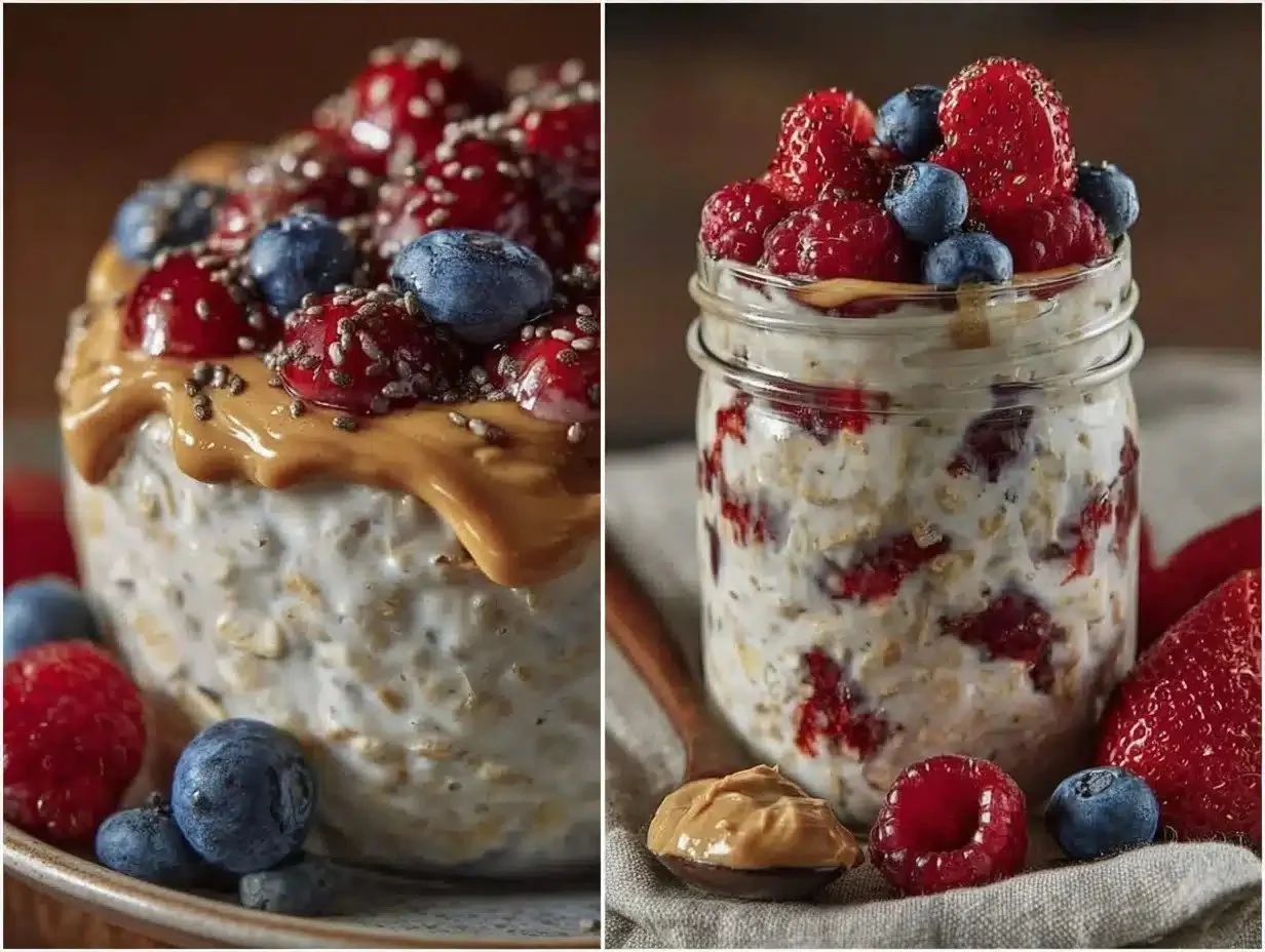 Healthy overnight oats for gestational diabetes with almond butter and berries