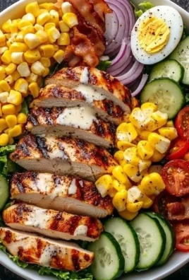 Healthy grilled chicken salad with fresh vegetables and dressing