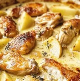 Hearty French Chicken Casserole with vegetables and herbs served in a rustic dish.