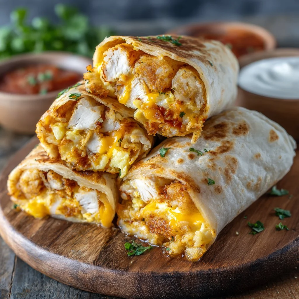 High-protein chicken and hash brown breakfast burritos served on a plate