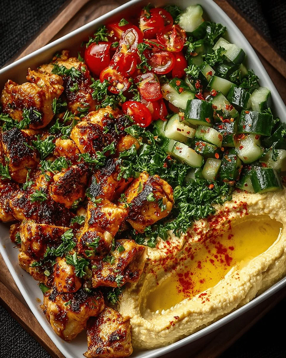 Lemon Chili Grilled Chicken Bowl with cucumber salad and hummus garnish